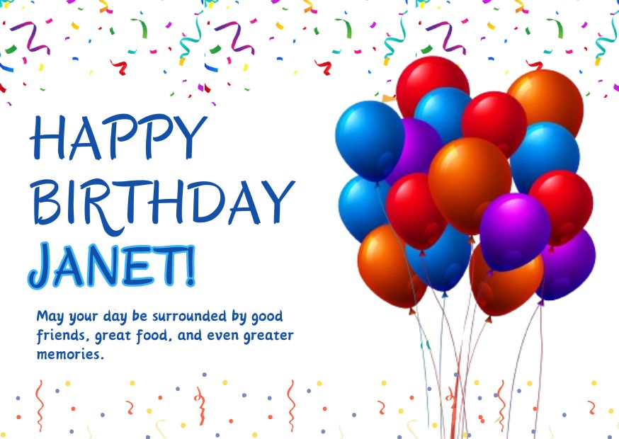 Beautiful Happy Birthday Janet Image with Balloons of different colours