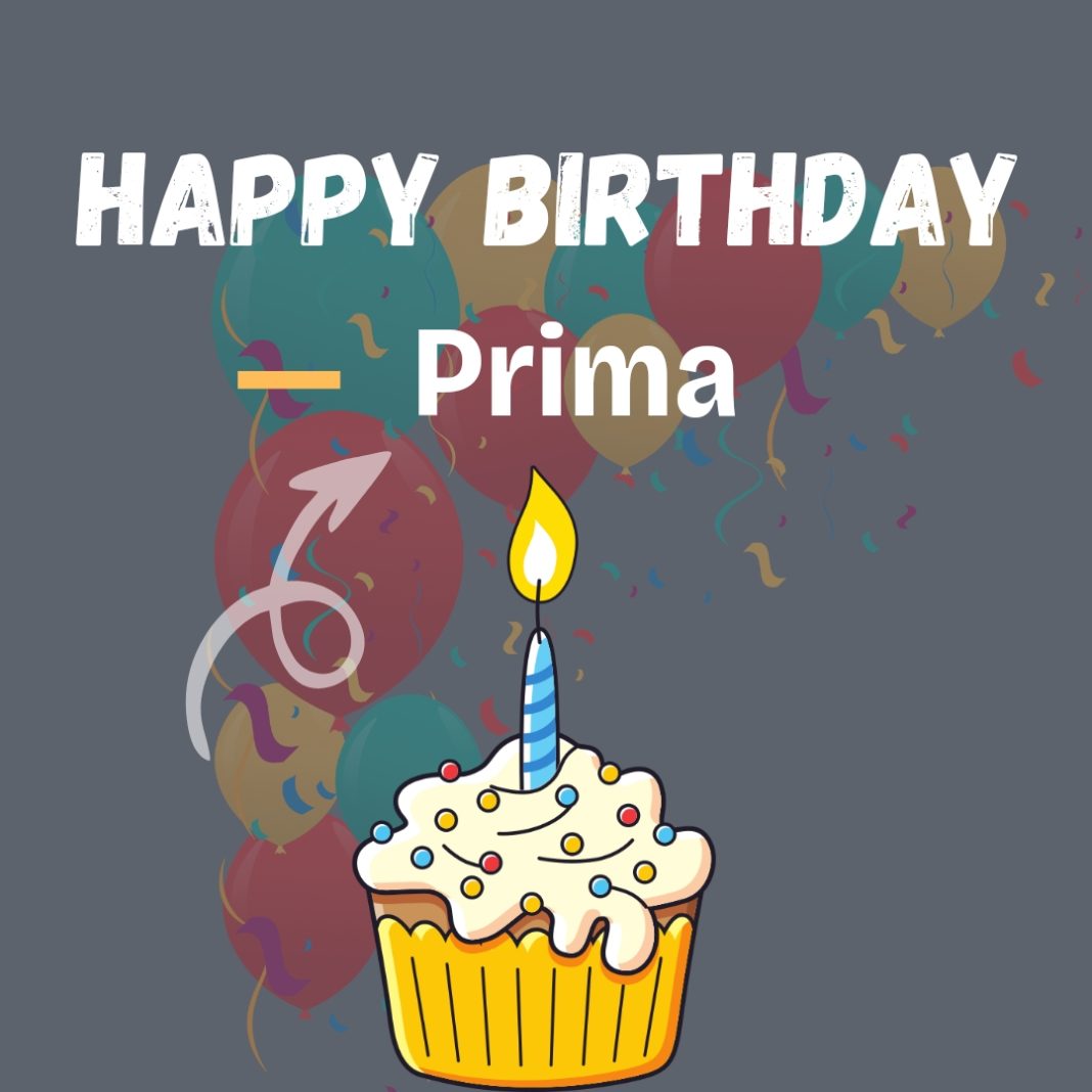 Beautifully Designed Happy Birthday Prima Image with a Cake that has a candle on it.